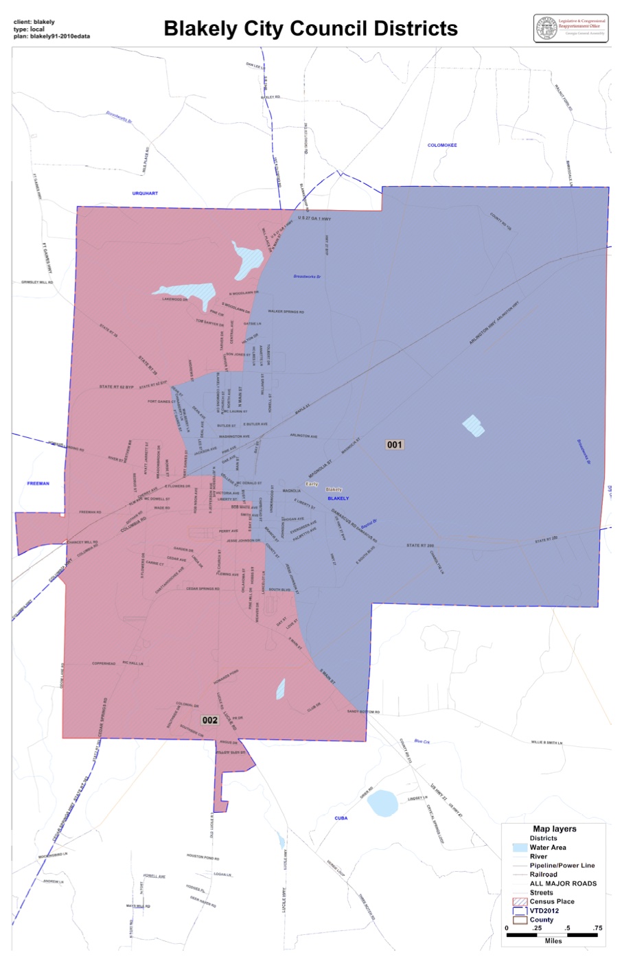 Map of Blakely divided into two City Council districts, labeled 001 and 002, with city streets drawn over the district areas