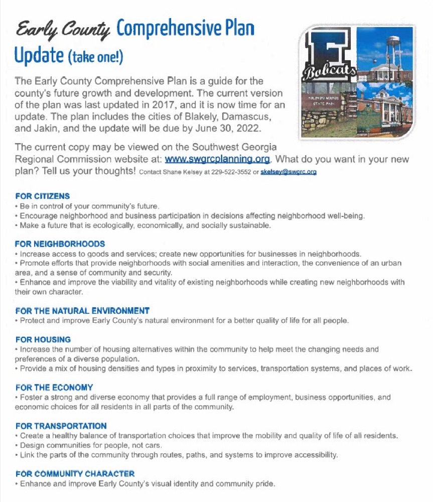 Early County Comprehensive Plan Update flyer listing goals for citizens