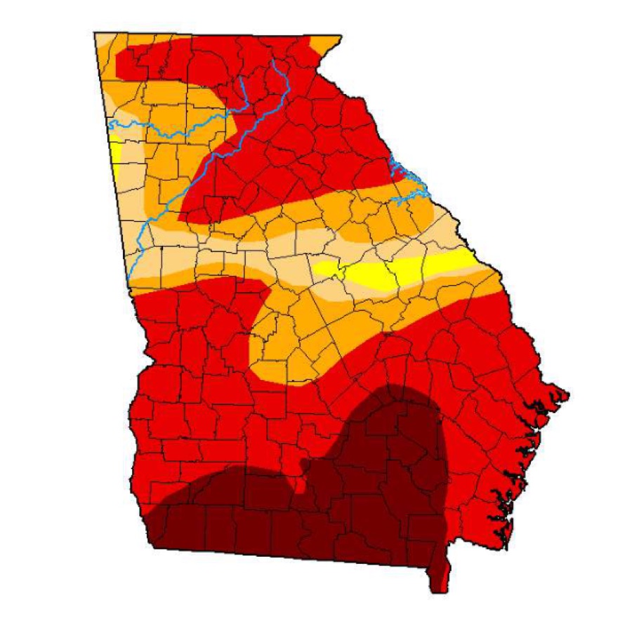 U.S. Drought Monitor map of Georgia showing severe to extreme drought across the southern half of the state